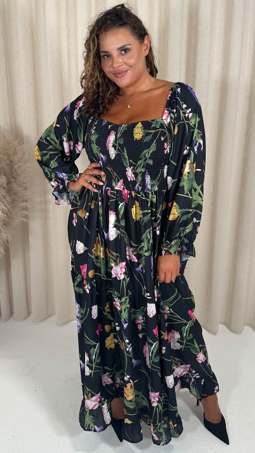 CurveWow Shirred Top Maxi Dress Black Floral