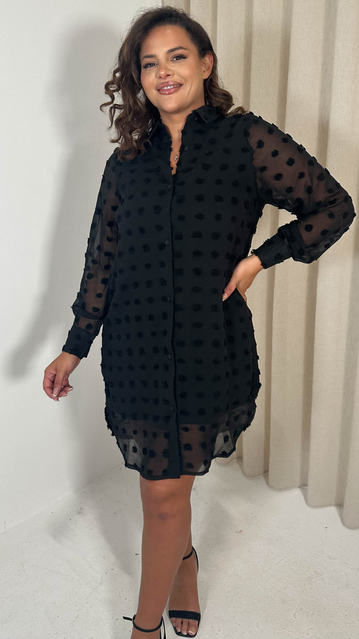 CurveWow Embossed Dot Shirt Dress Black