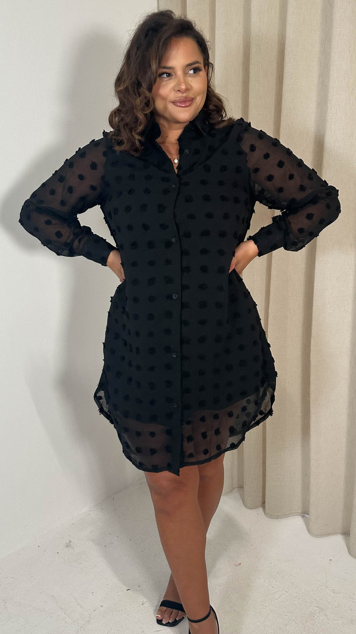 CurveWow Embossed Dot Shirt Dress Black