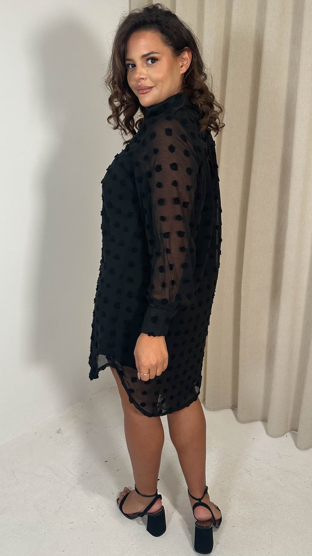 CurveWow Embossed Dot Shirt Dress Black