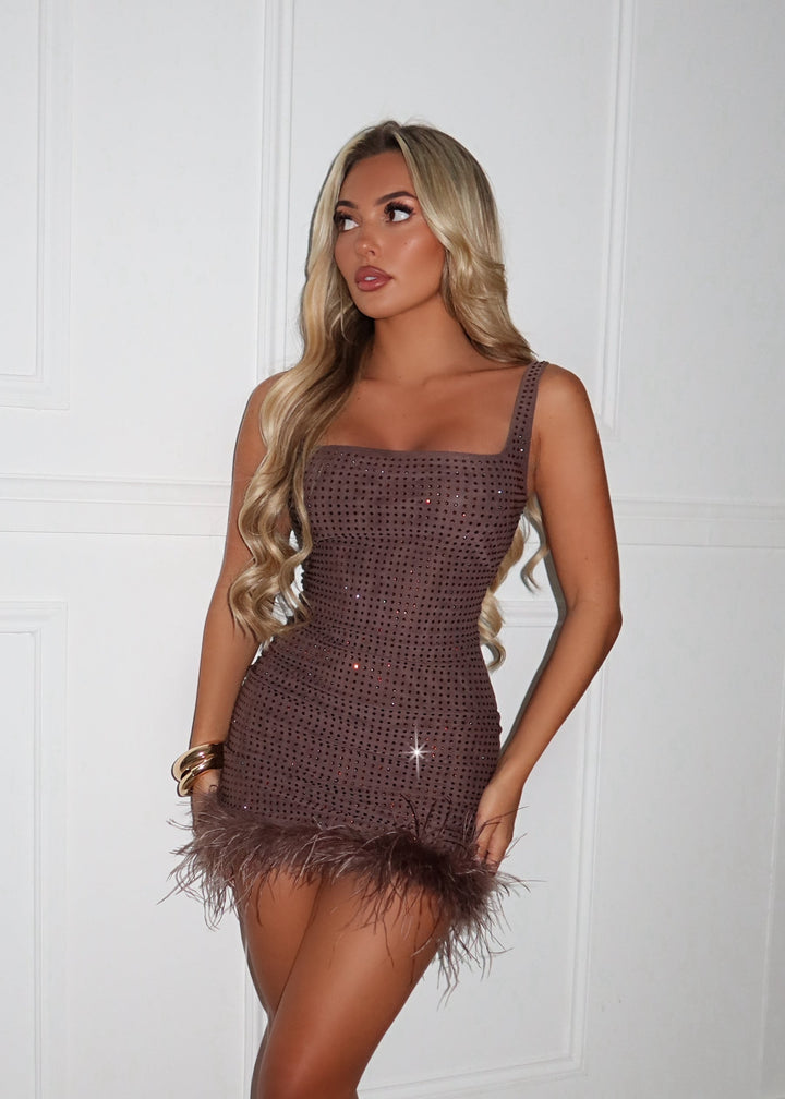 Silent Heartbeat Embellished Feather Mini Dress - Brown