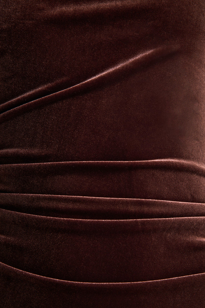 Novine | Brown Velvet High-Neck Midi Dress